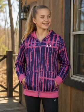 3/$50 UNDER ARMOUR girls loose fit pink & purple tie-dye zip up hoodie sz LG